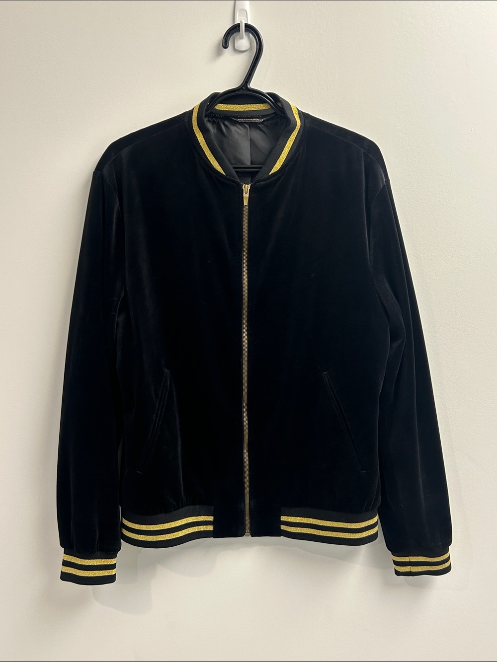 Zara Black Velvet Bomber Jacket with Gold Stripes